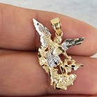 Solid 14k Yellow White Gold Saint Michael Miguel Pendant Charm 1 Inch Long