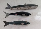 3 Antique Handmade Primitive Painted Wood Fish Decoys   Early Lure Barrel Swivel