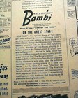 Bambi Walt Disney Opening Day Movie Film Advertisement 1942 Wwii Era Newspaper