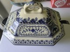 Vintage Soup Tureen Porcelain Blue And White Large With Ladle  13x9 5x10 Signed