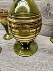 Vtg Olive Green Glass Decanter Bar Set Mid Century Gold Stripes 6 Glasses