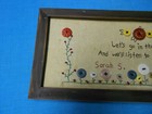 Vtg Handmade Country Primitive Folk Art Framed Embroidered Flowers Button Read