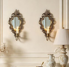 2 Antiqued-bronze Gold Ornate Metal French Mirrored Wall Sconce Candle Holder