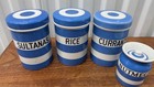 Set Of  4  Vintage T G Green Cornish Kitchen Canisters Blue White Striped