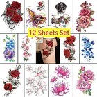 12 Sheets Floral Rose Butterfly Temporary Tattoos Colorful Flower Arm Body Art