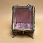Antique French Victorian Glass Ring Box   Brass Feet   Pink Damask Lining   Rare