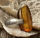 Vintage Polish Amber Sterling Silver Modernist Ring Size 7 Signed Dz