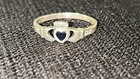 Vintage 925 Sterling Silver Irish Claddagh Ring W  Sapphire Heart Size 6 75