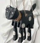 Vtg Folk Art Wooden Cat Marionette Puppet Black White Spotted Hand Carved Kitten