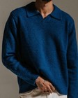 Wax London Mens Carter Open Collar Wool   Mohair Blend Polo Blue Sweater - Large