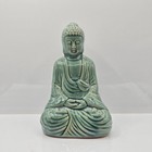 Buddha Statue Ceramic Teal Turquoise Beige Crackle Glazed Seated 7 h