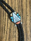 Vintage Zuni Mosaic Bolo Tie W  Braided Black Leather Cord W  Silver Tips