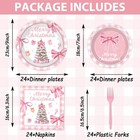 96pcs Pink Christmas Tree Party Decorations Pink Bow Plates And Napkins Tablewar