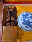 Vtg Chinese Shoushan Stone Dragon Chop seal  Red Ink  leo  Set In Original Box