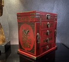 Vntg 13    Tall Asian Peacock Motif 4 Drawer Jewelry Box