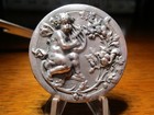 Vintage Antique French  cherub Plays Harp For Squirrels  Metal Picture Button