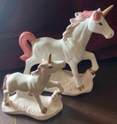 Vintage Ceramic Unicorn Mother And Baby Figurine  White With Rose Accent Colors