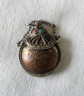 Tibetan Coin Hammered Metal Antique Snuff Perfume Pendant With Stones   Dauber