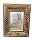 Vtg Middle Eastern Persian Miniature Painting Bone Panel Pietra Dura Frame