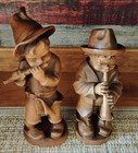 Vintage Pair Hand-carved Wooden Brown Figurines Sculptures Boy Musicians Germany