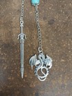 Sword And Dragon Bookmark  Silver Chain With Blue Glass Bead 8 Inch Chain 