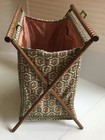 Vintage Mcm Knitting Crochet Caddy Yarn Basket Tote Folding Wood Frame Sewing