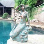30in   classic  Mermaid Bronze Patina Sitting On Coastal Rock Beach Collectible