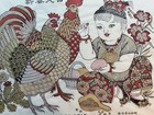 Vintage Chinese Wood Block Print New Year Girl Feeding Hens 18    X 23    Framed