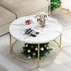  White Marble Round Coffee Table With Glass For Living Room  2-tier Circle Gold