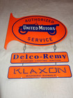 Vintage United Motors Service 23  Double Sided 3-pc Porcelain Metal Flange Sign 