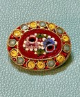 Vintage Micro Mosaic Floral Italian Brooch Pin Yellow Red Brass Plated