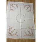 Vintage  Floral Hand Embroidered Stitched Linen Tablecloth 63x49
