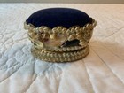 Vintage Antique Sea Shell Pin Cushion  Oval  Navy Blue Velvet Fabric Top