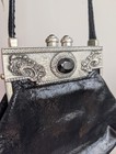 Vintage 70s Black Leather Purse Moulin Rouge Goth Victorian Onyx Pewter Nouveau