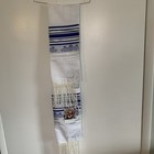 Vintage Traditional Jewish Tallit Prayer Shawl   Blue Velvet Pouch Eretz-israel