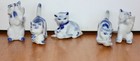 5 Vintage Cats Miniature Figurine Blue And White With Bird