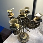 Vtg Solid Brass Gothic Candelabra 5 Arms Shabbat Candle Holder judaica Engraved