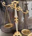 Vtg Brass 18in Balance Scales Of Justice Matching Candleholders Crystal Prism