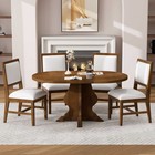 Round Extendable Dining Table Set 5 Piece Wooden W  4 Upholstered Chairs Brown