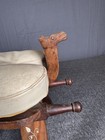 Vintage Carved Wood Camel Saddle Stool Ottoman With Inlaid Legs   Cushion