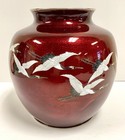 Large Antique Japanese Cloisonn   Blood Red Ginbari Enamel Flying Cranes Vase