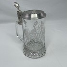 Vintage Nfl Football Etched Glass Lidded Beer Stein Mug Pewter Lid Collectible