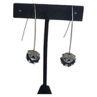 Silver Tone Black Glass   Crystal Rhinestone Drop Dangle Earrings