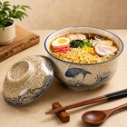 Japanese Ceramic Ramen Bowl With Lid Blue Koi Fish Wave Pattern Noodle Soup Bowl