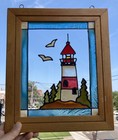 Vintage Handcrafted Stained Glass Pane Framed In Light Wood Made By Open Window