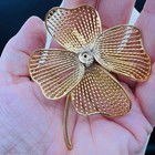 Vintage Large 3  Gold Tone Openwork Flower Brooch Pin