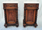 Pair Antique French Style Renaissance Revival Walnut Marble Top Nightstands 1890