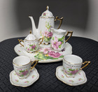 Vintage Miniature Porcelain Tea Set With Florals   Gold Trim     10-piece Set