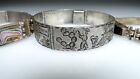 3 Vintage Mexican Sterling Signed Panel Bracelets Onyx Abalone Engraved Lot