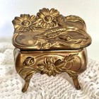 Antique Jewelry Box Casket Footed Dresser Metal Gold  Art Nouveau Ornate Vtg